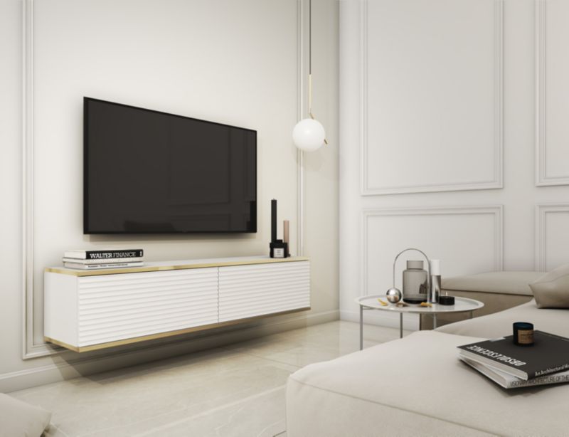 Szafka RTV MINIO go for it ORINO MDF 135 cm biała ze złotymi detalam ,1 szt.