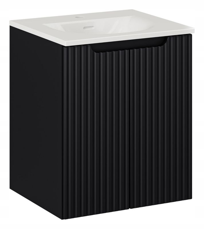 Furnidea koupelnová skříňka s umyvadlem, 50 cm, závěsná, černá, drážkovaná čela, Nova Black, 2 dvířka, 1 ks.