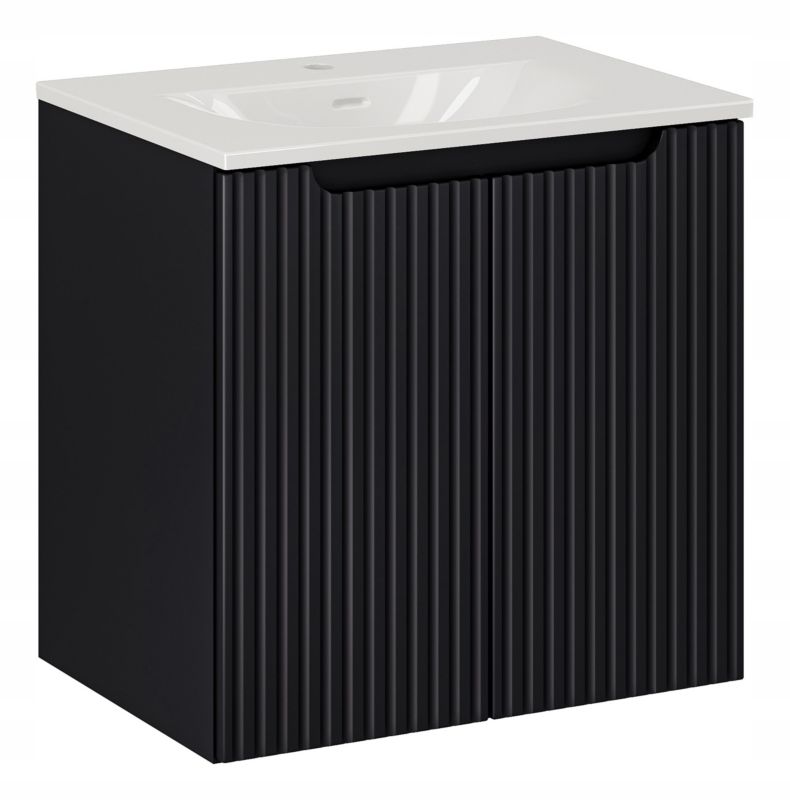 Furnidea koupelnová skříňka s umyvadlem, 60 cm, závěsná, černá, drážkovaná čela, Nova Black, 2 dvířka, 1 ks.