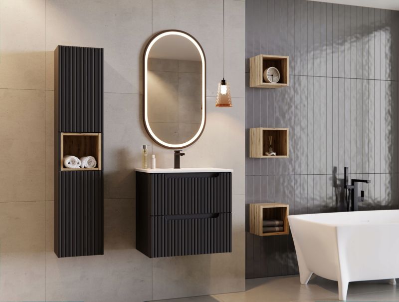 Szafka z umywalką łazienkowa Furnidea 60 cm wisząca czarna ryflowane fronty Nova Black 2 drzwi 1 szt.