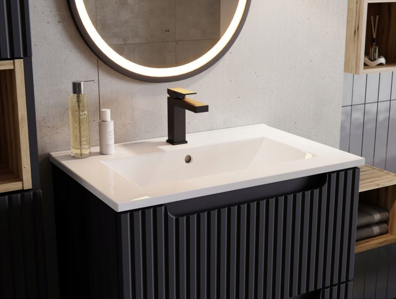 Szafka z umywalką łazienkowa Furnidea 60 cm wisząca czarna ryflowane fronty Nova Black 2 drzwi 1 szt.