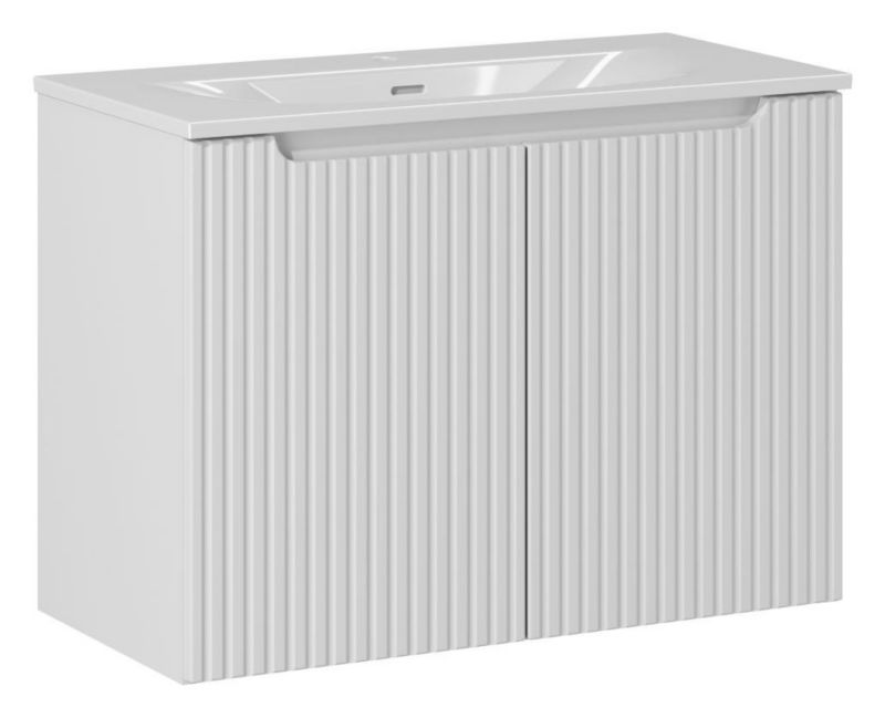 Furnidea koupelnová skříňka s umyvadlem, 80 cm, závěsná bílá, rýhovaná čela, Nova White, 2 dvířka, 1 ks.