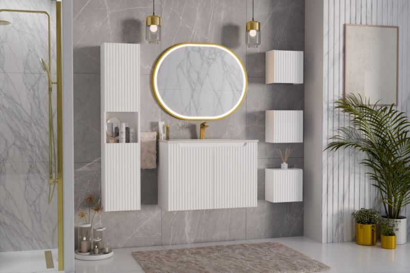 Furnidea koupelnová skříňka s umyvadlem, 80 cm, závěsná bílá, rýhovaná čela, Nova White, 2 dvířka, 1 ks.