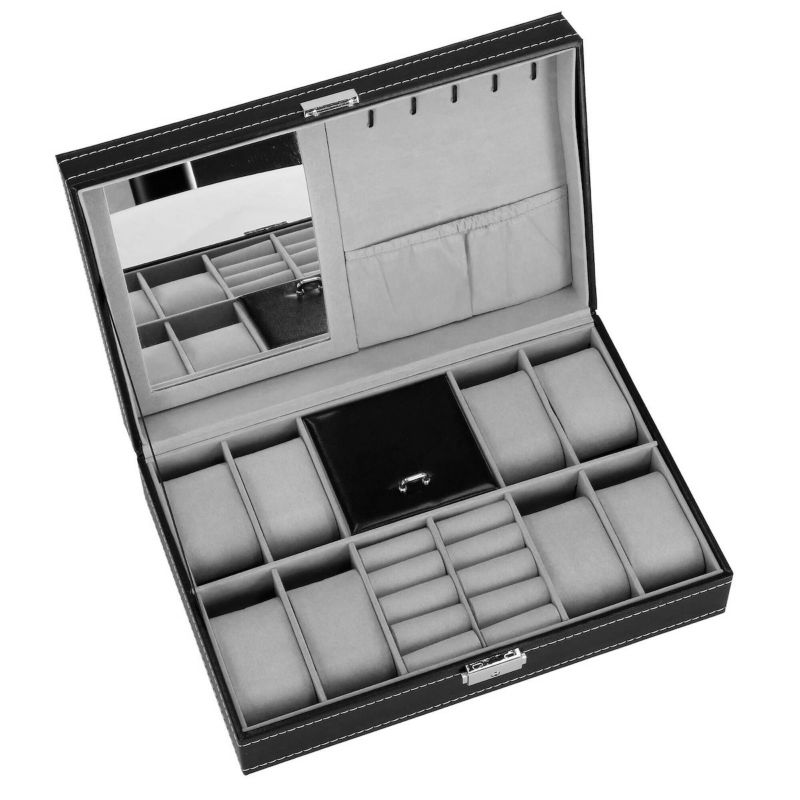 Szkatułka na zegarki Springos 33x20x9cm z przegródkami i lusterkiem czarna, ekoskóra 1 szt.