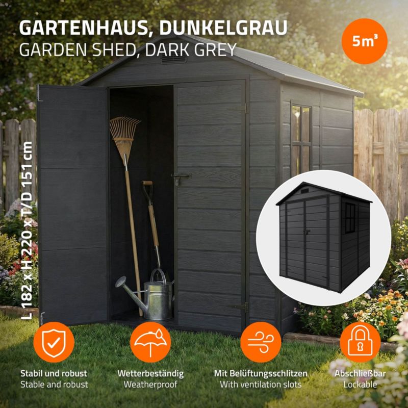 Szopa ogrodowa ECD Germany plastikowa z podłogą i dachem dwuspadowym 151x182x220 cm pojemność 5m3 ciemnoszara drzwi podwójne 1 szt