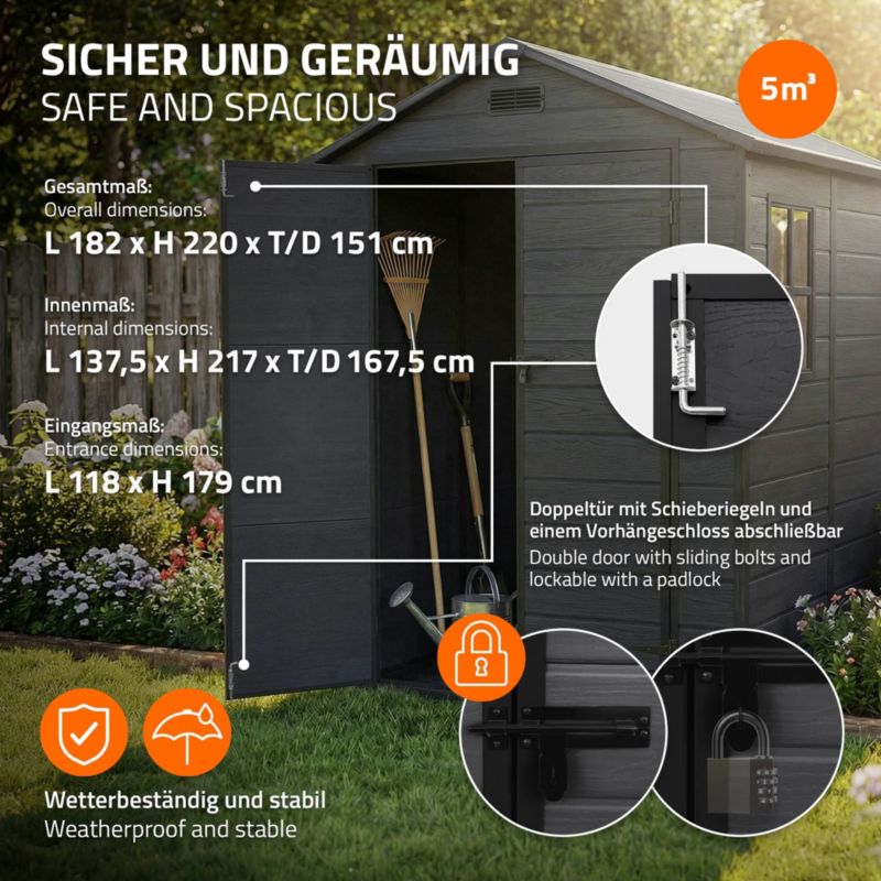Szopa ogrodowa ECD Germany plastikowa z podłogą i dachem dwuspadowym 151x182x220 cm pojemność 5m3 ciemnoszara drzwi podwójne 1 szt