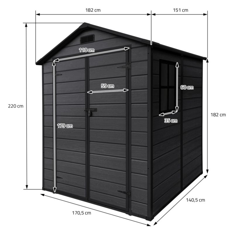 Szopa ogrodowa ECD Germany plastikowa z podłogą i dachem dwuspadowym 151x182x220 cm pojemność 5m3 ciemnoszara drzwi podwójne 1 szt