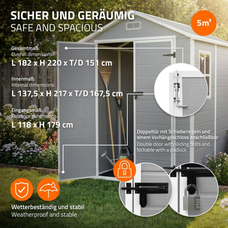 Szopa ogrodowa ECD Germany plastikowa z podłogą i dachem dwuspadowym 151x182x220 cm pojemność 5m3 Jasnoszary drzwi podwójne 1 szt