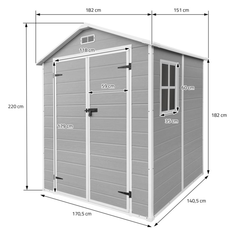 Szopa ogrodowa ECD Germany plastikowa z podłogą i dachem dwuspadowym 151x182x220 cm pojemność 5m3 Jasnoszary drzwi podwójne 1 szt