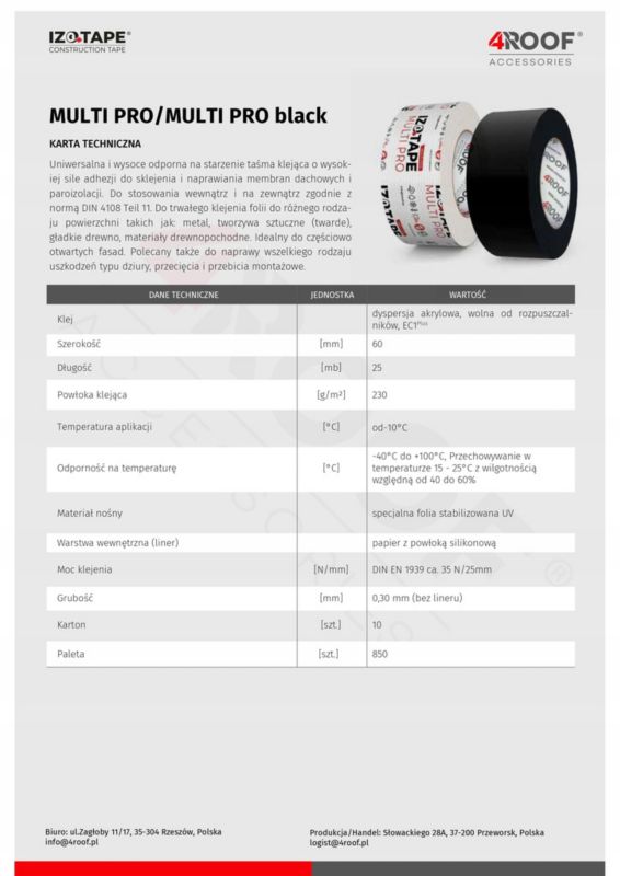 Taśma do membran i paroizolacji 4ROOF IZOTAPE MULTI PRO 60mm x 25m x 2 rolki-50mb super jakość klejąca trwała zbrojona  1kpl.