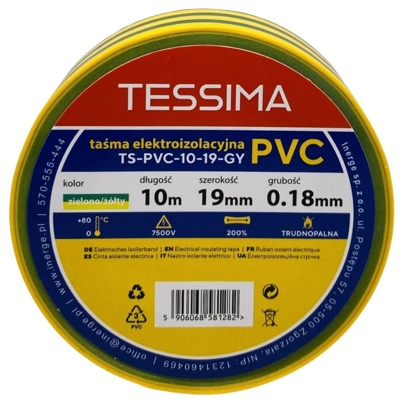 Taśma elektroizolacyjna 10m 19mm 0.18mm zielona-żółta TESSIMA 1 szt.