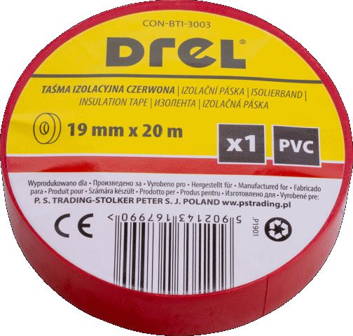 Taśma izolacyjna Drel PVC czerwona 20 m m izolacja, oznaczanie przewodów i kabli, 1 szt.
