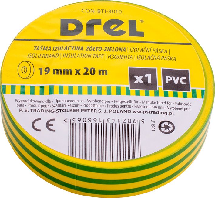 Taśma izolacyjna Drel PVC żółto-zielona 19 mm x 20 m do przewodów ochronnych PE 1 szt.