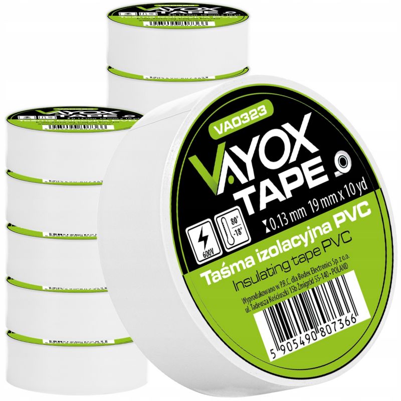 Taśma izolacyjna PVC 19mm x 10yd biała VA0323 Vayox (10szt) 1kpl
