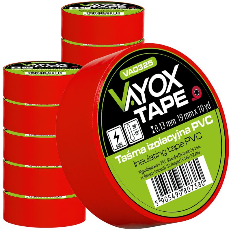 Taśma izolacyjna PVC 19mm x 10yd czerwona VA0324 Vayox (10szt) 1kpl