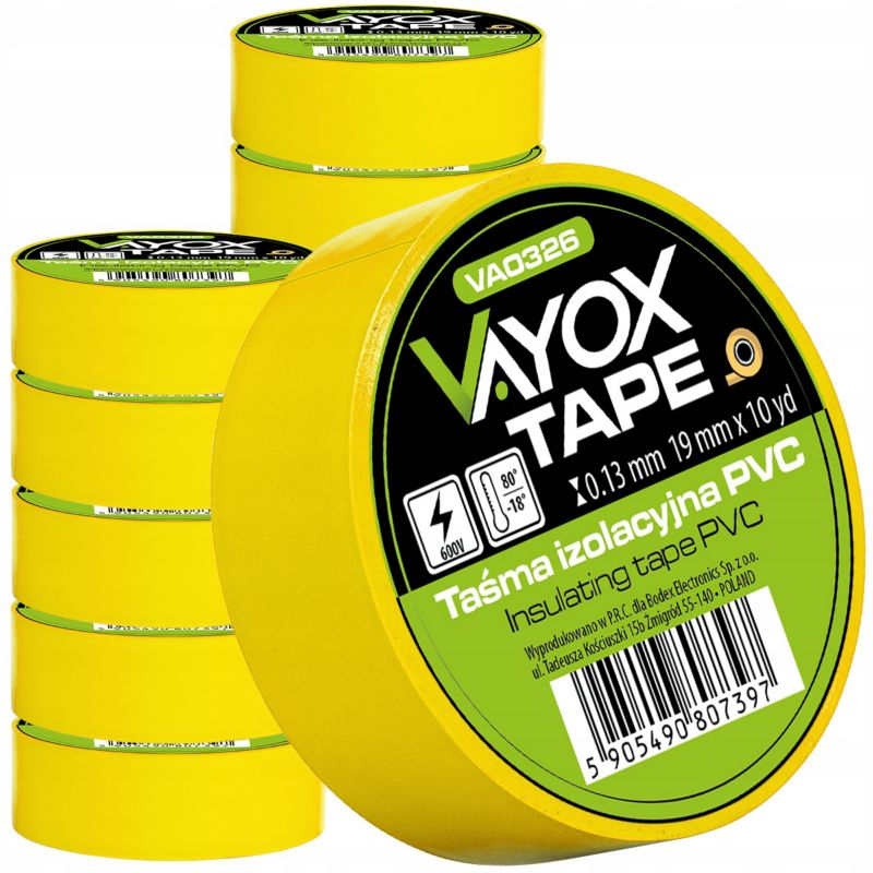 Taśma izolacyjna PVC 19mm x 10yd żółta VA0326 Vayox (10szt) 1kpl