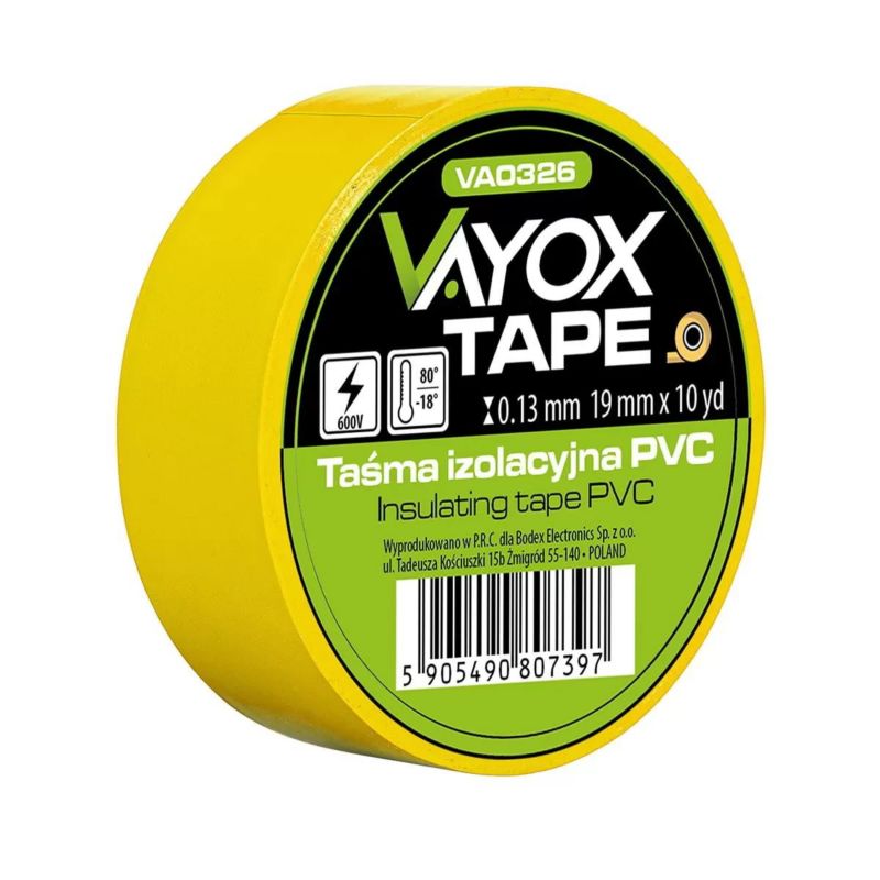 Taśma izolacyjna PVC 19mm x 10yd żółta VA0326 Vayox 1szt.