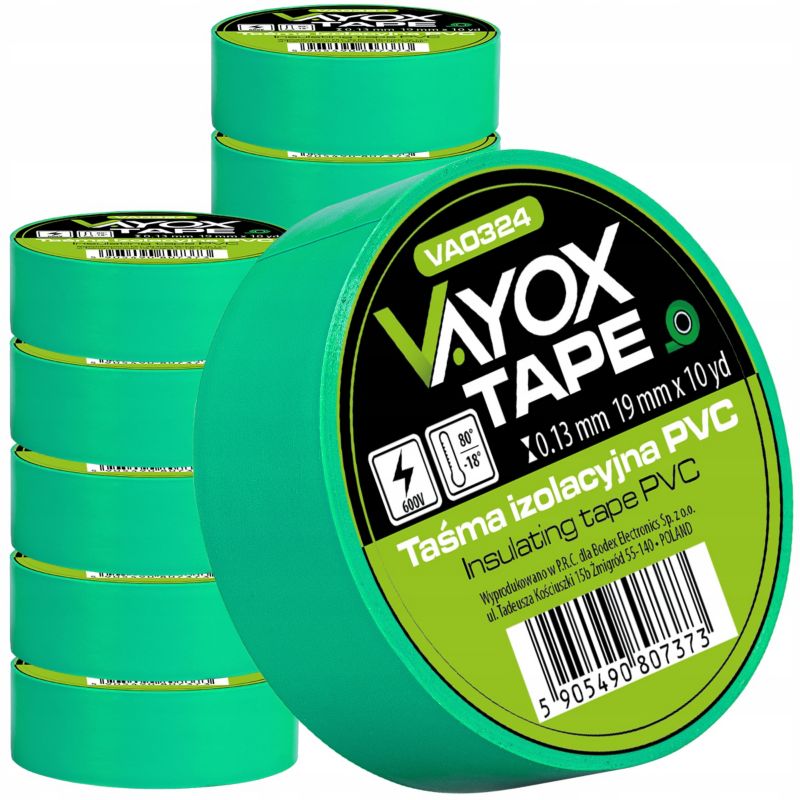 Taśma izolacyjna PVC 19mm x 10yd zielona VA0324 Vayox (10szt) 1kpl