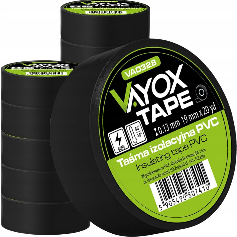 Taśma izolacyjna PVC 19mm x 20yd czarna VA0328 Vayox (10szt) 1kpl