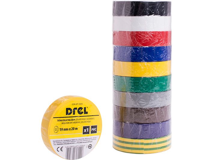Taśmy izolacyjne Drel PVC 19 mm x 20 m mix kolorów do przewodów elektrycznych 10 szt.