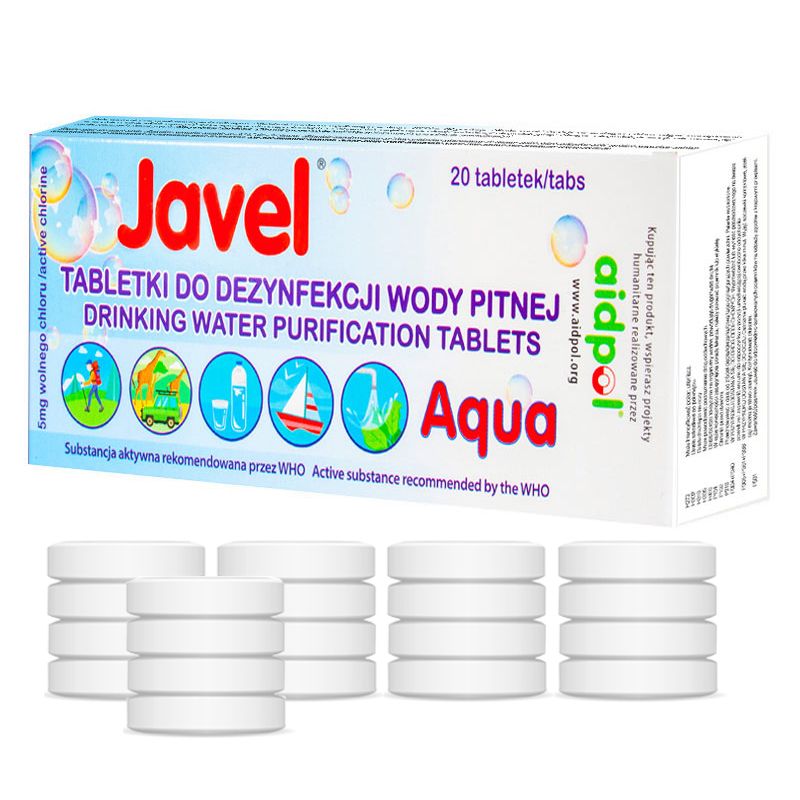 Tabletki do Uzdatniania Wody Pitnej Javel Aqua Odkażania Dezynfekcji, Opakowanie 20szt.