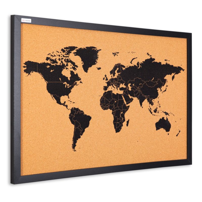 Tablica korkowa mapa świata  rama drewniana lakierowana czarna 60 x 40 cm 1 szt.