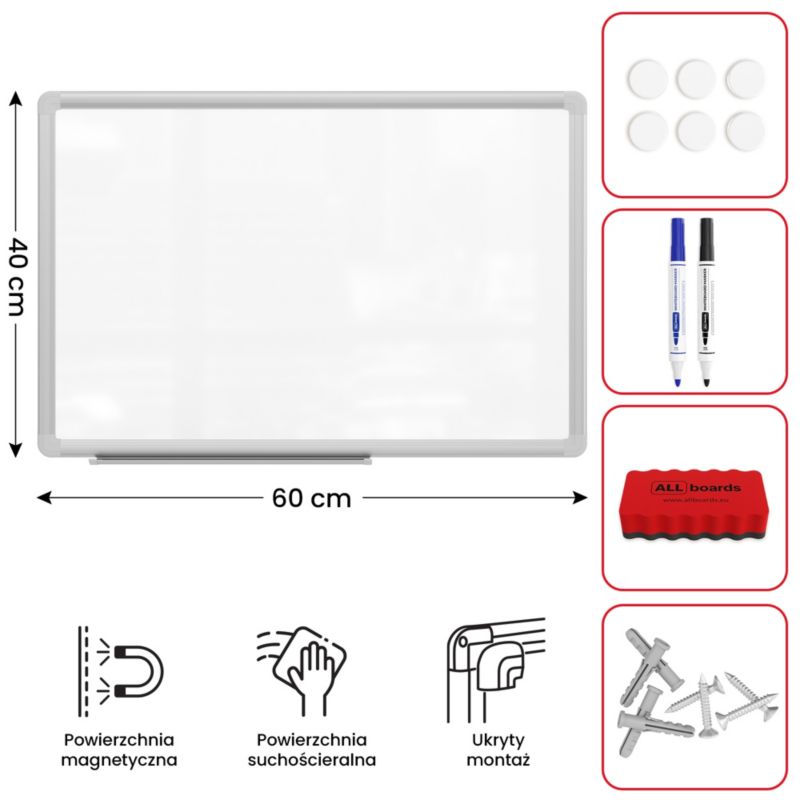 Tablica suchościeralna magnetyczna 60x40 cm ALLboards rama aluminiowa premium expo 1 szt.