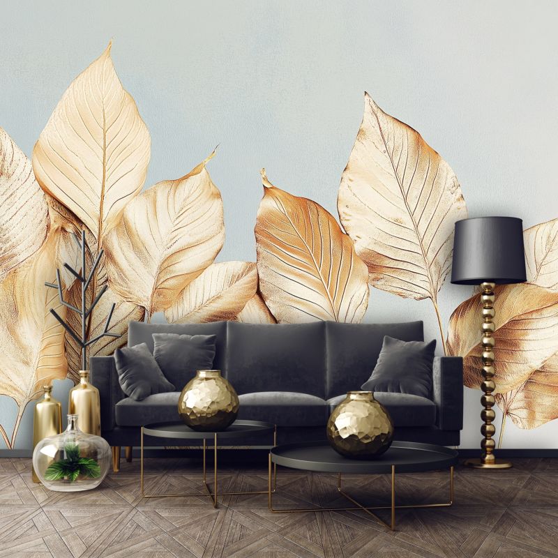 Tapeta Do Salonu Liście Złote WALLARENA 250x175 cm Fototapeta Dekoracja Ścienna 1 szt.