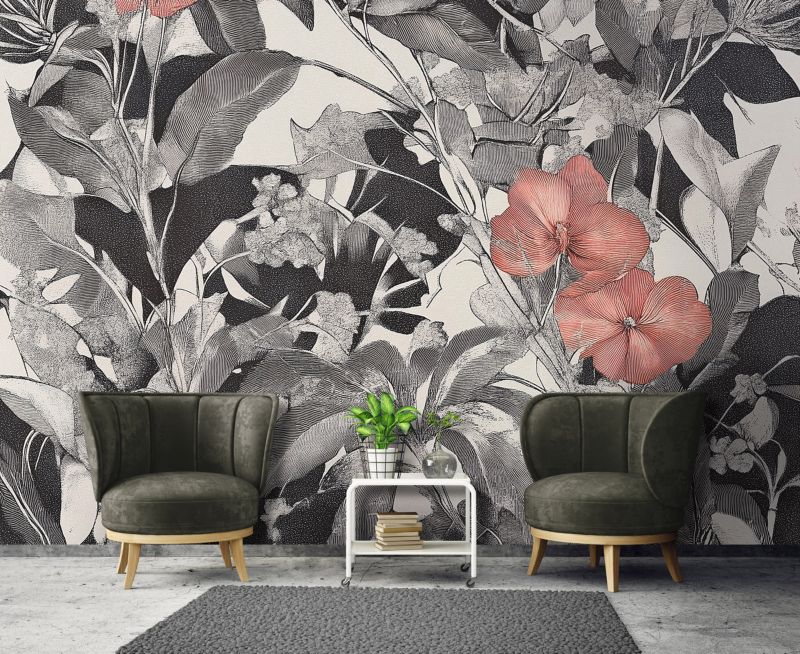Tapeta Do Sypialni Salonu Kuchni WALLARENA 300x210 cm Fototapeta Na Flizelinie Kwiaty Liście 1 szt.