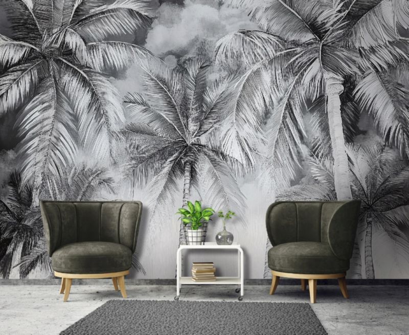 Tapeta Do Sypialni Salonu Kuchni WALLARENA 350x250 cm Dekoracja Fototapeta Palmy Czarno Biała 1 szt.