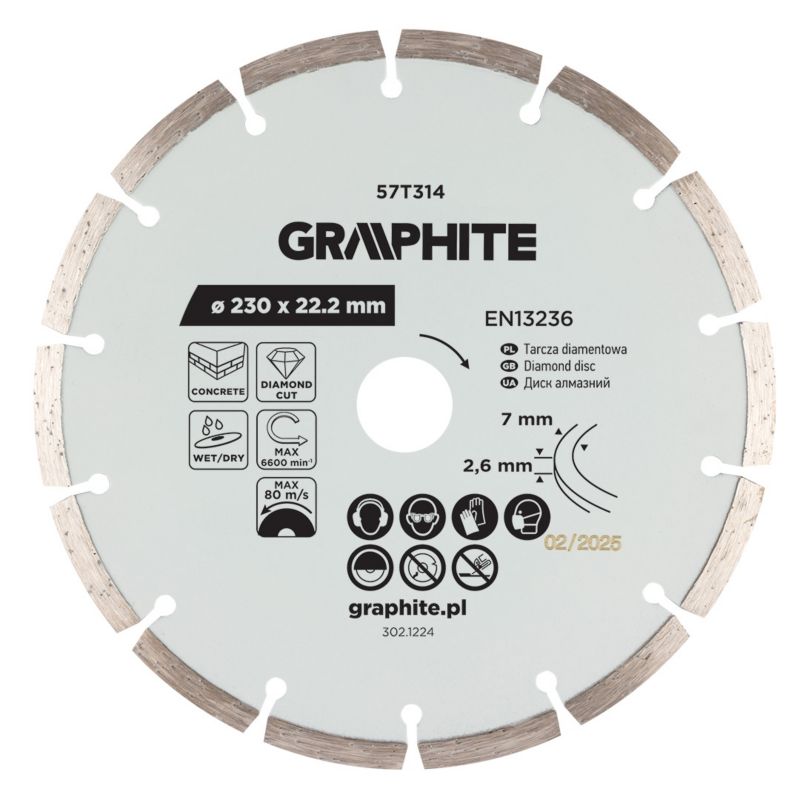 Tarcza diamentowa GRAPHITE do cięcia segmentowa, 230 x 22.2 mm, na sucho i mokro 1 szt