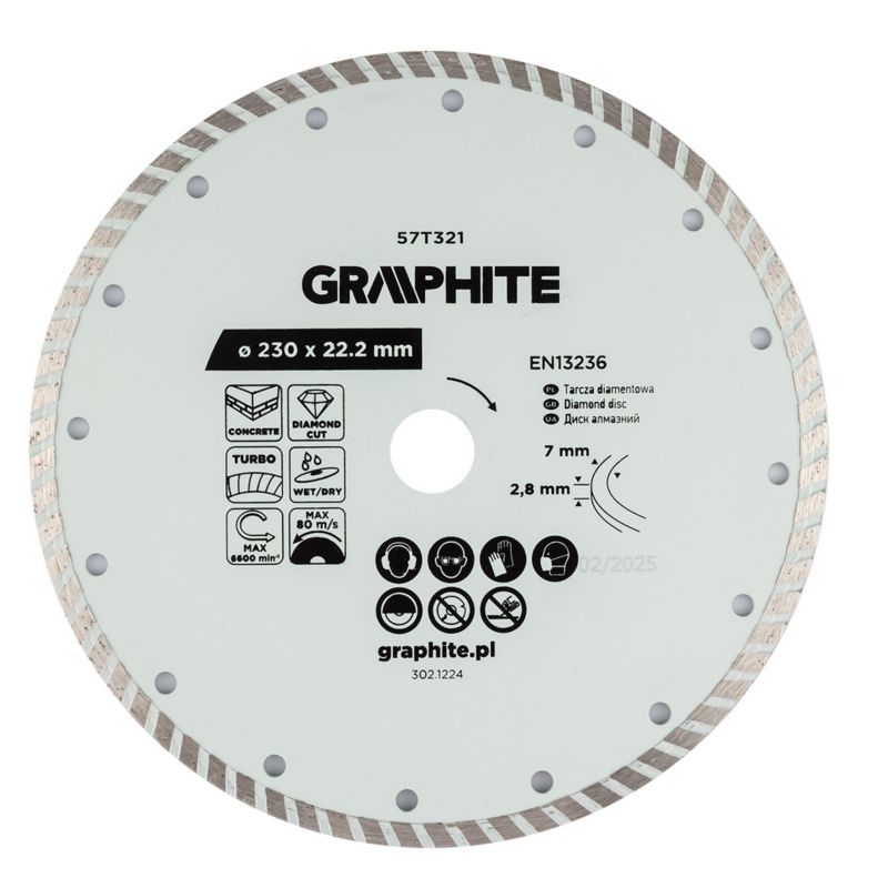 Tarcza diamentowa GRAPHITE do cięcia turbo, 230 x 22.22 mm, na sucho i ...
