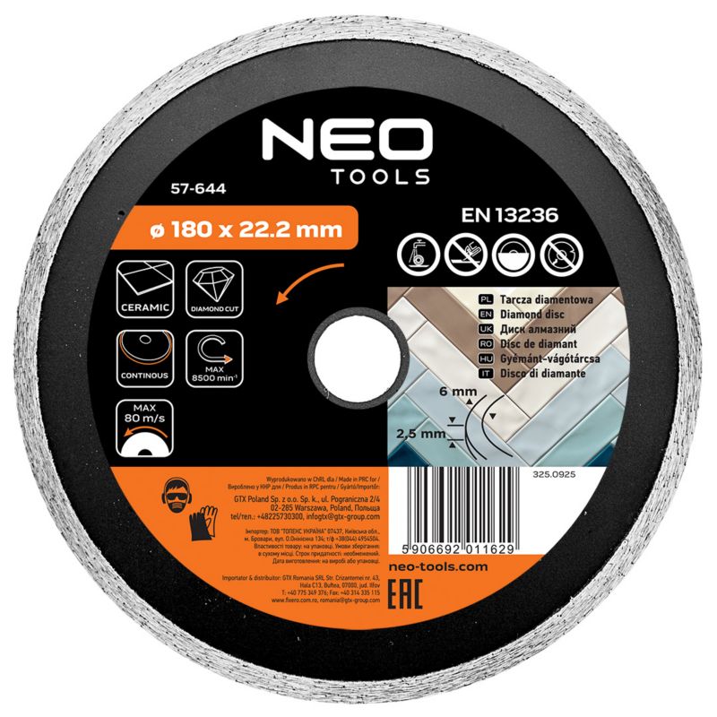 Tarcza diamentowa NEO TOOLS 180 x 22.2 mm, pełna 1 szt