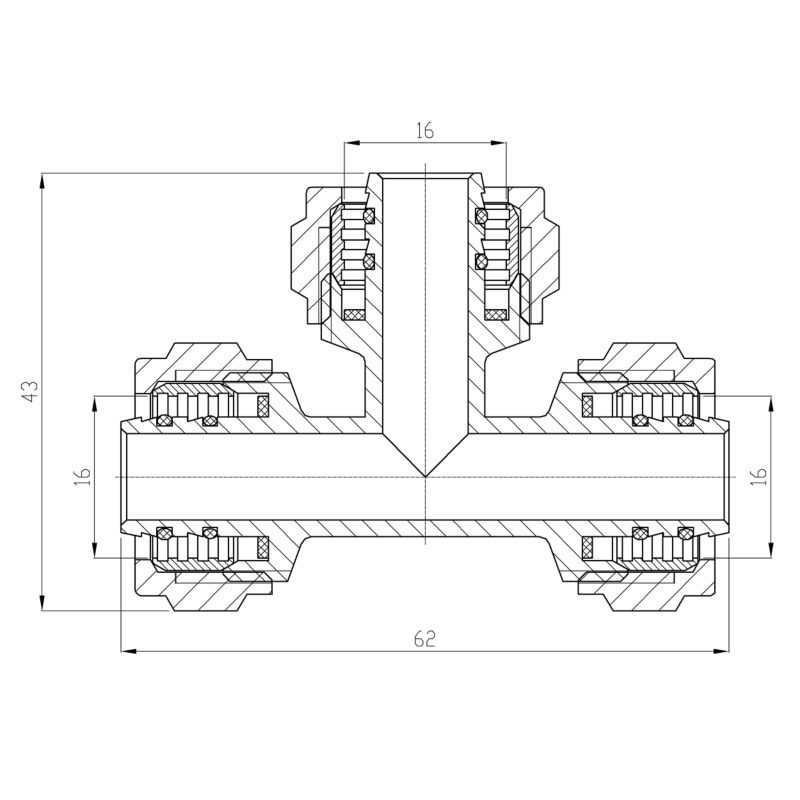 Trójnik PEX Skręcany do Rur Wielowarstwowych 16x16x16x2 1MPa INVENA Prov 1 szt.