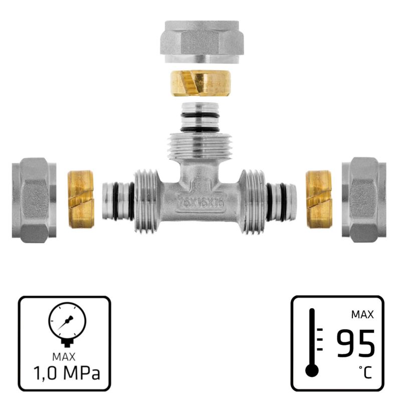 Trójnik PEX Skręcany do Rur Wielowarstwowych 16x16x16x2 1MPa INVENA Prov 1 szt.