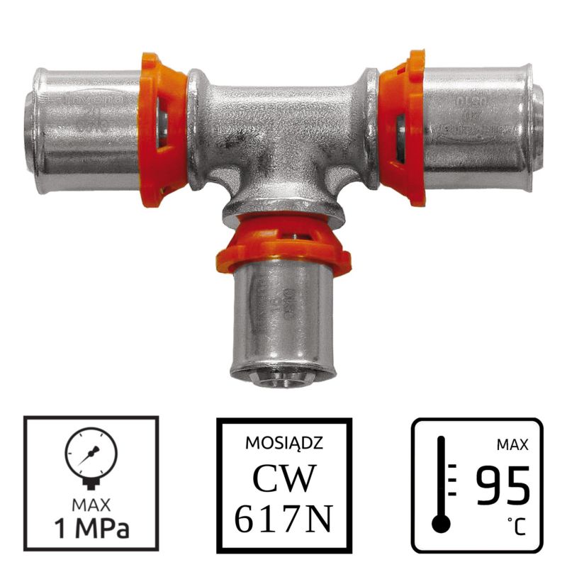Trójnik PEX Zaciskowy Zaprasowany 20x20x16 mm Redukcyjny 95C INVENA Prov 1 szt.