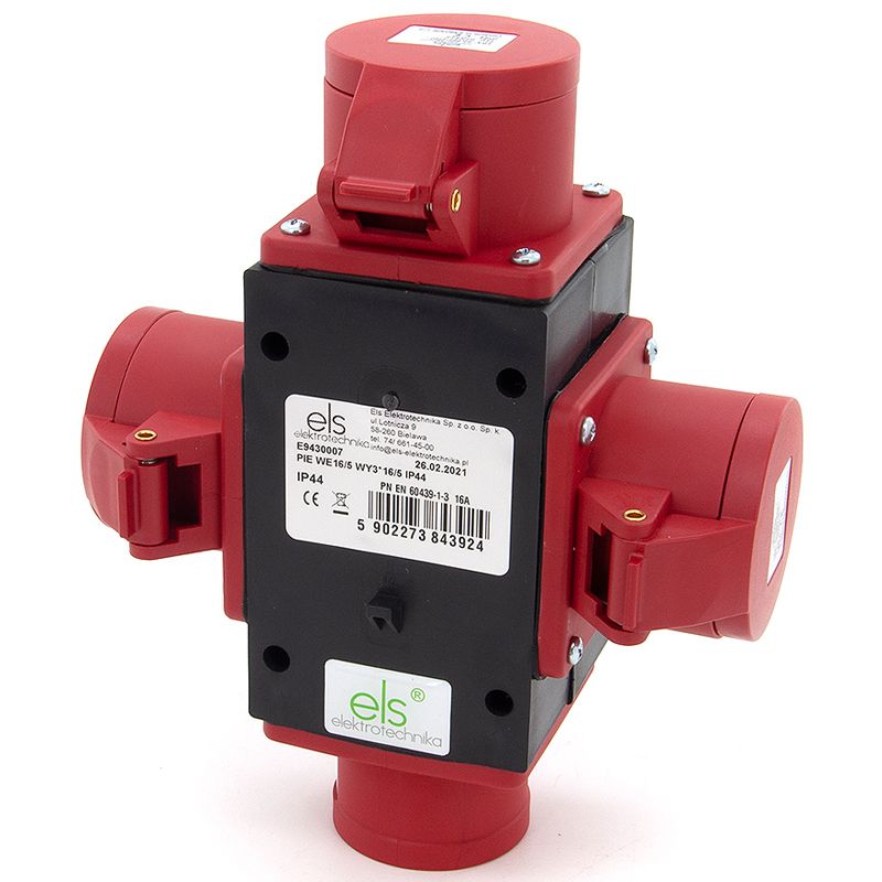 Trójnik przemysłowy ELS Elektrotechnika P030W rozgałęźnik 3-gniazdowy CEE 16A 5P 400V WE 16/5 IP44, adapter siłowy PA6, 1 szt.