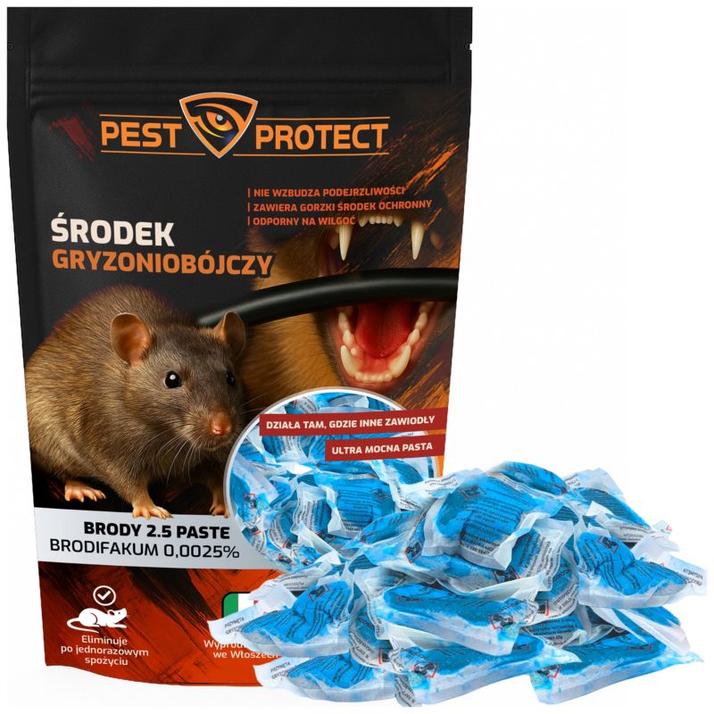 Trutka Brodifakum na Szczury Myszy Duże Gryzonie PEST PROTECT 150g Ultra Mocna Trucizna Pasta Niebieska Saszetki, 1szt.