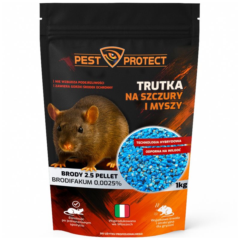 Trutka Brodifakum na Szczury Myszy PEST PROTECT 1kg Granulat Pellet Ultra Mocny, 1szt.