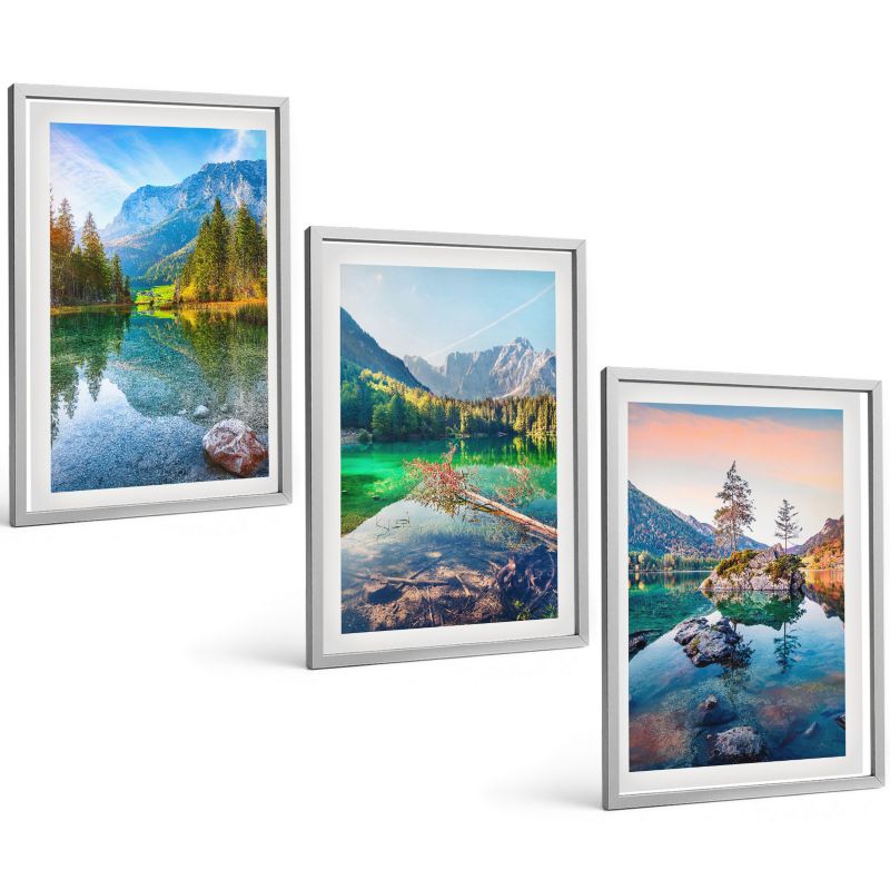 Trzyczęściowy Zestaw Obrazów ArtPrintCave 40x60 cm Srebrna rama Górskie jeziora natura pejzaż 1 kpl.