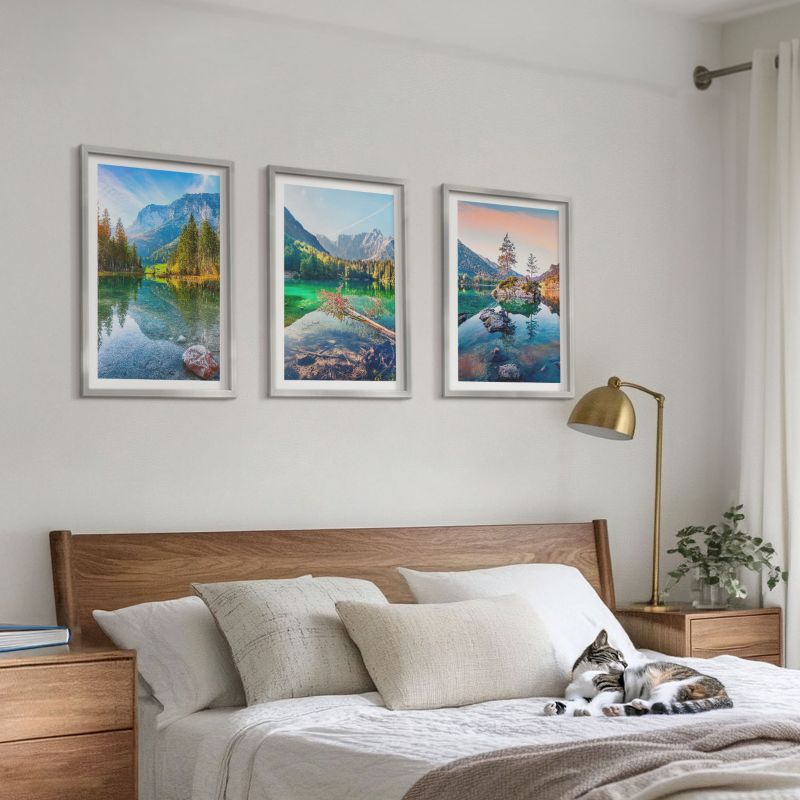 Trzyczęściowy Zestaw Obrazów ArtPrintCave 40x60 cm Srebrna rama Górskie jeziora natura pejzaż 1 kpl.