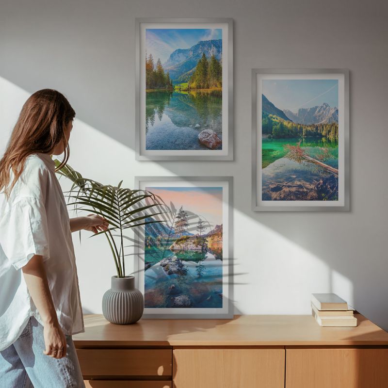 Trzyczęściowy Zestaw Obrazów ArtPrintCave 40x60 cm Srebrna rama Górskie jeziora natura pejzaż 1 kpl.