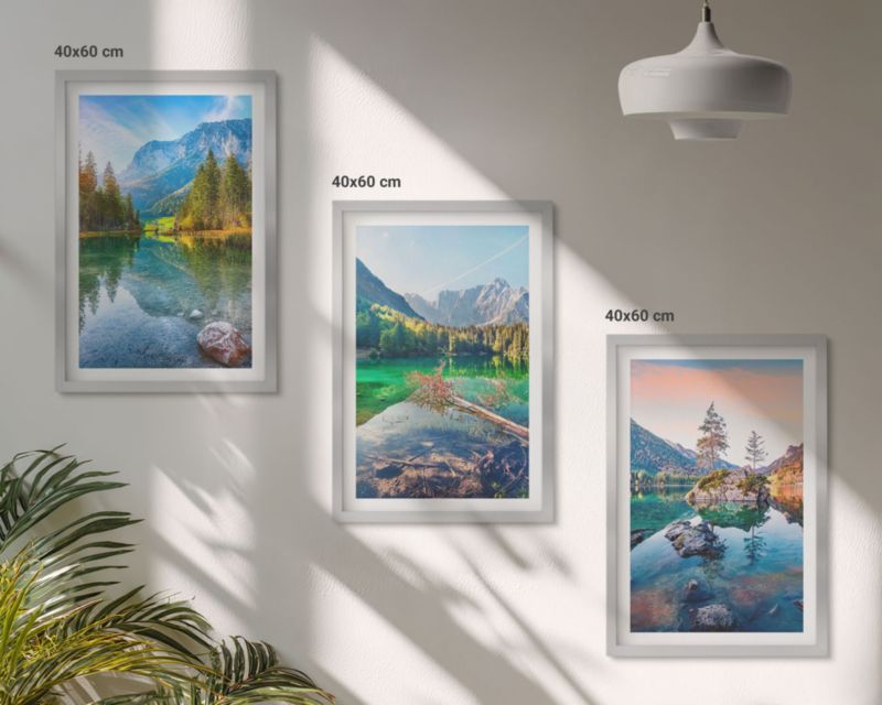 Trzyczęściowy Zestaw Obrazów ArtPrintCave 40x60 cm Srebrna rama Górskie jeziora natura pejzaż 1 kpl.
