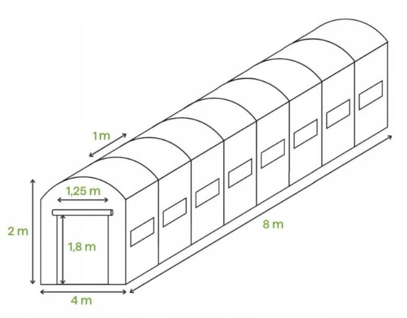 Tunel Foliowy Cultivo Ogrodowy Szklarnia 4x8 32m2 8x4 Zielony Podwójne Drzwi Uv4 1 szt