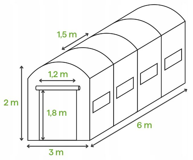 Tunel Ogrodowy Cultivo Foliowy Szklarnia 3x6x2 - 18m2 Zielony Podwójne Drzwi Uv4 1 szt