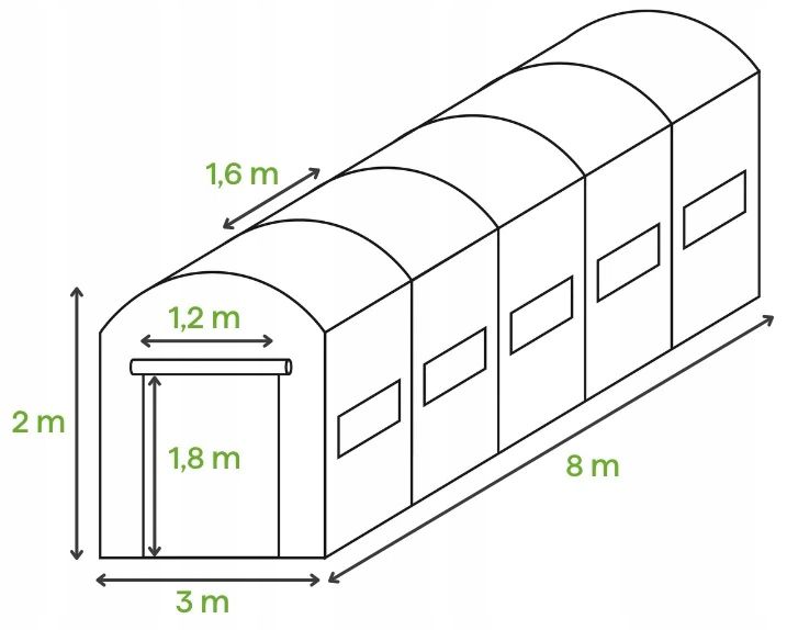 Tunel Ogrodowy Cultivo Foliowy Szklarnia 3x8x2 - 24m2 Zielony Podwójne Drzwi Uv4 1 szt