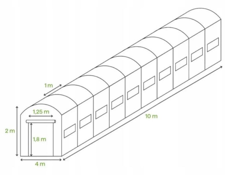 Tunel Ogrodowy Cultivo Foliowy Szklarnia 4x10x2 - 40m2 Zielony Podwójne Drzwi Uv4 Dodatki 1 szt
