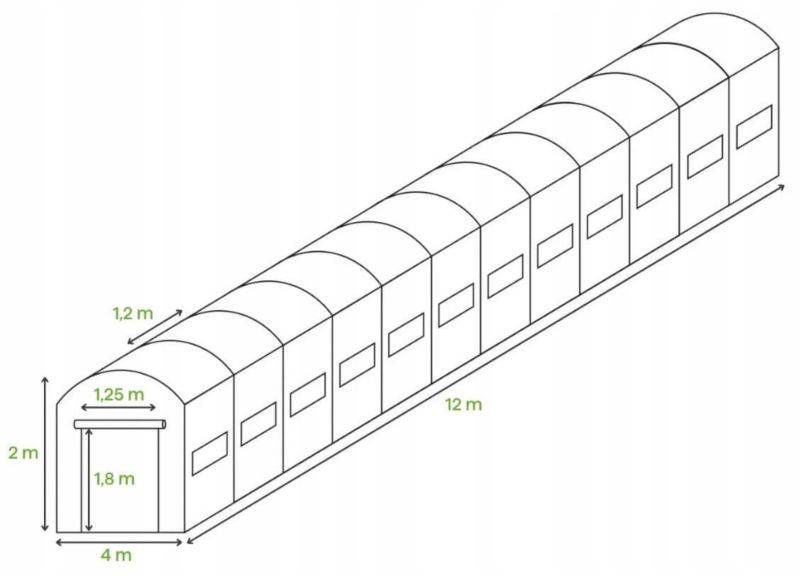 Tunel Ogrodowy Cultivo Foliowy Szklarnia 4x12x2 48m2 Zielony Podwójne Drzwi Uv-4 1 szt