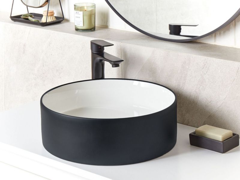 Umywalka nablatowa ceramiczna 40 cm biała z czarnym Tebar 1 szt.