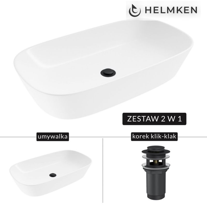 Umywalka nablatowa Helmken 39370000 (70x38) Biała + Korek klik-klak Czarny Mat, 1 kpl.